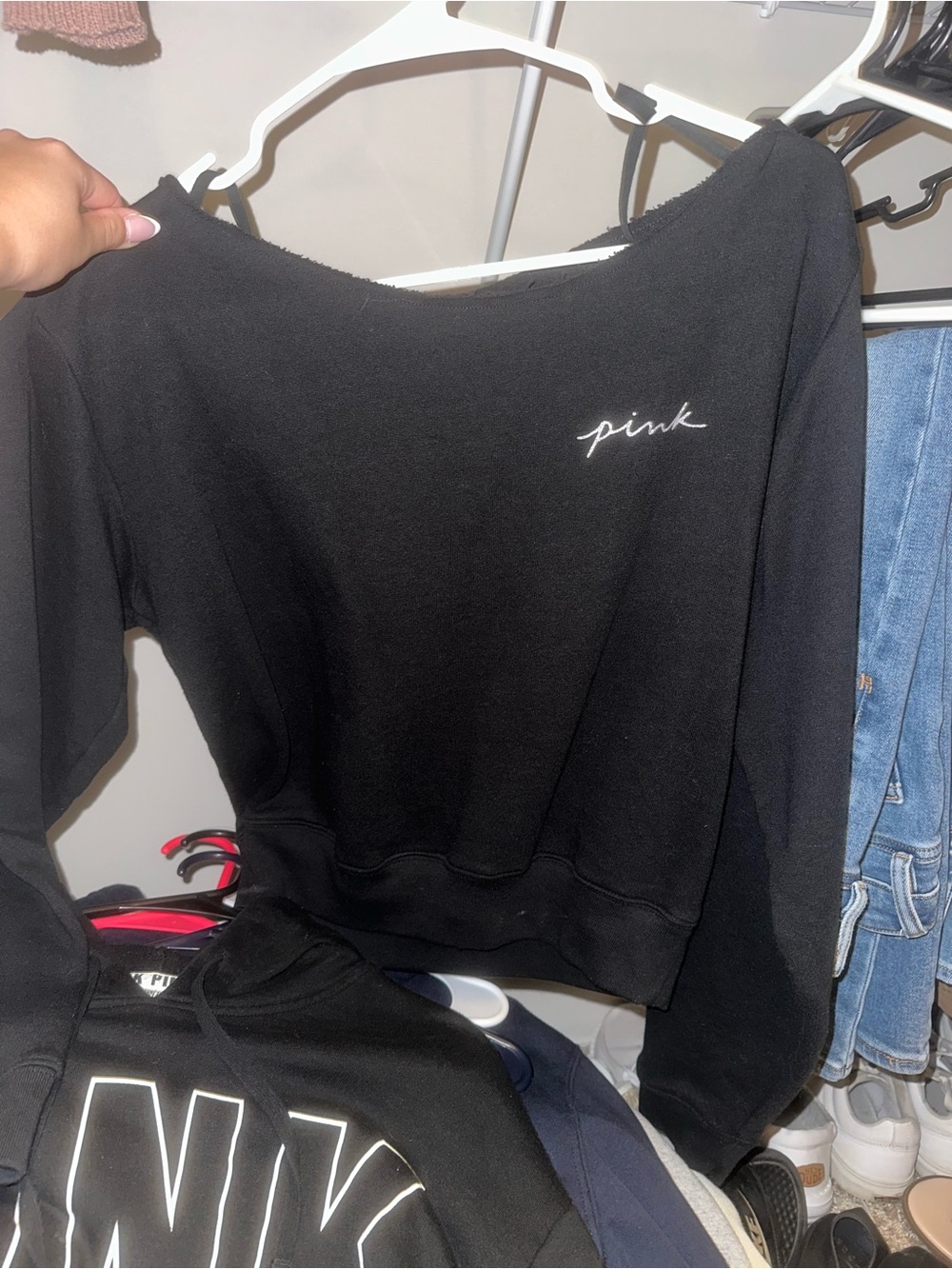 Victoria's Secret Black Cropped Pullover Sweatshirt with White Script